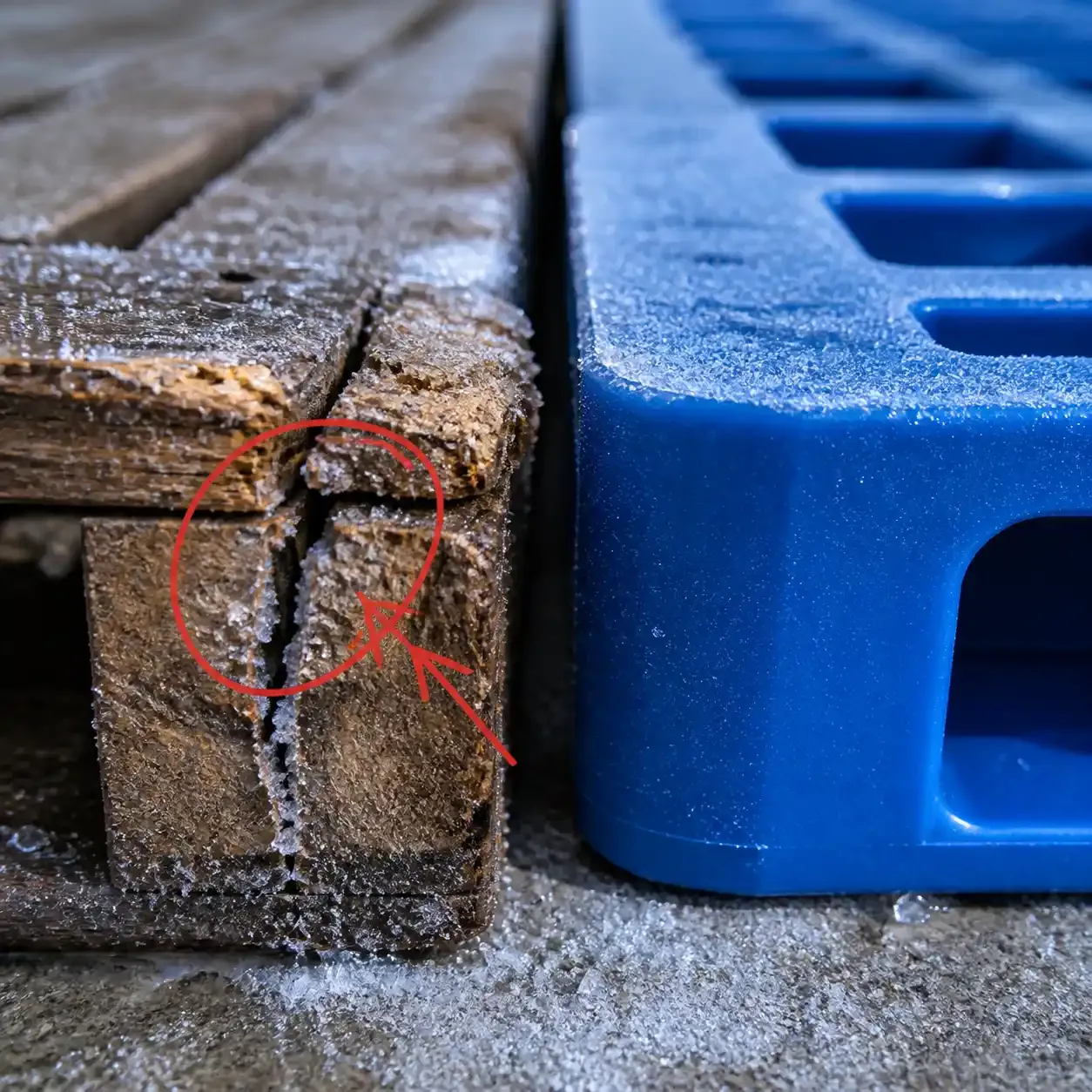 Palettes en bois fissuré et palettes HDPE intactes