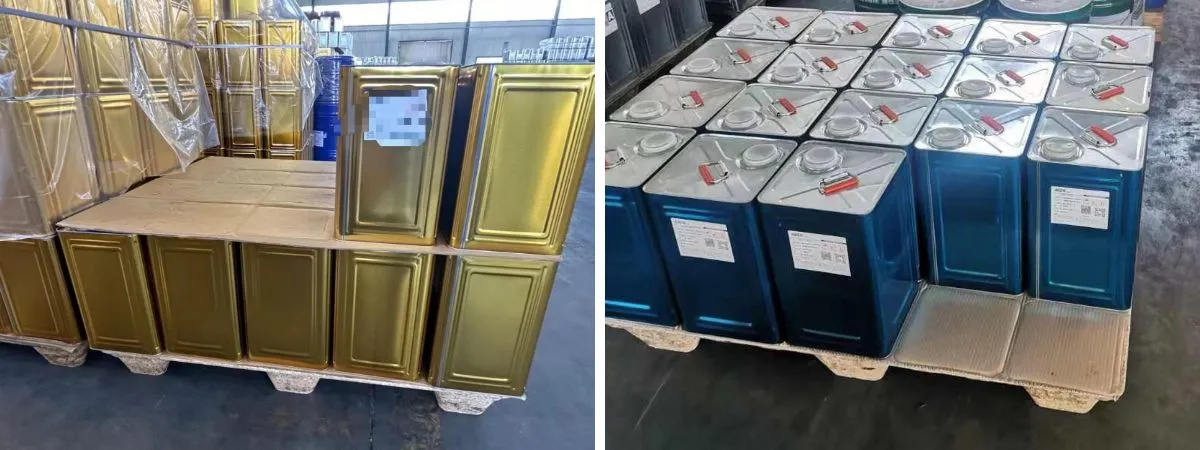 Palets de madera moldeada para el almacenamiento y transporte de contenedores metálicos para productos químicos.