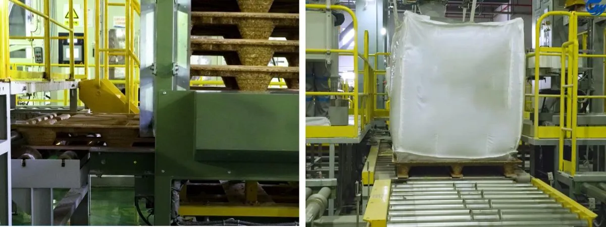 Palets de madera moldeada en el embalaje automatizado y la logística de almacén.